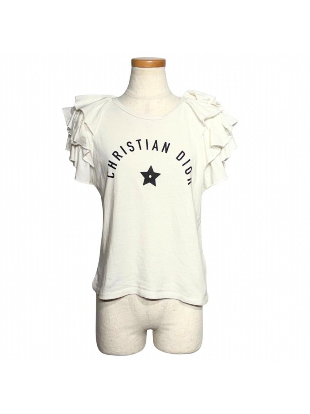 Dior Front Logo Ruffle Short Sleeve T-Shirt White Cotton L
